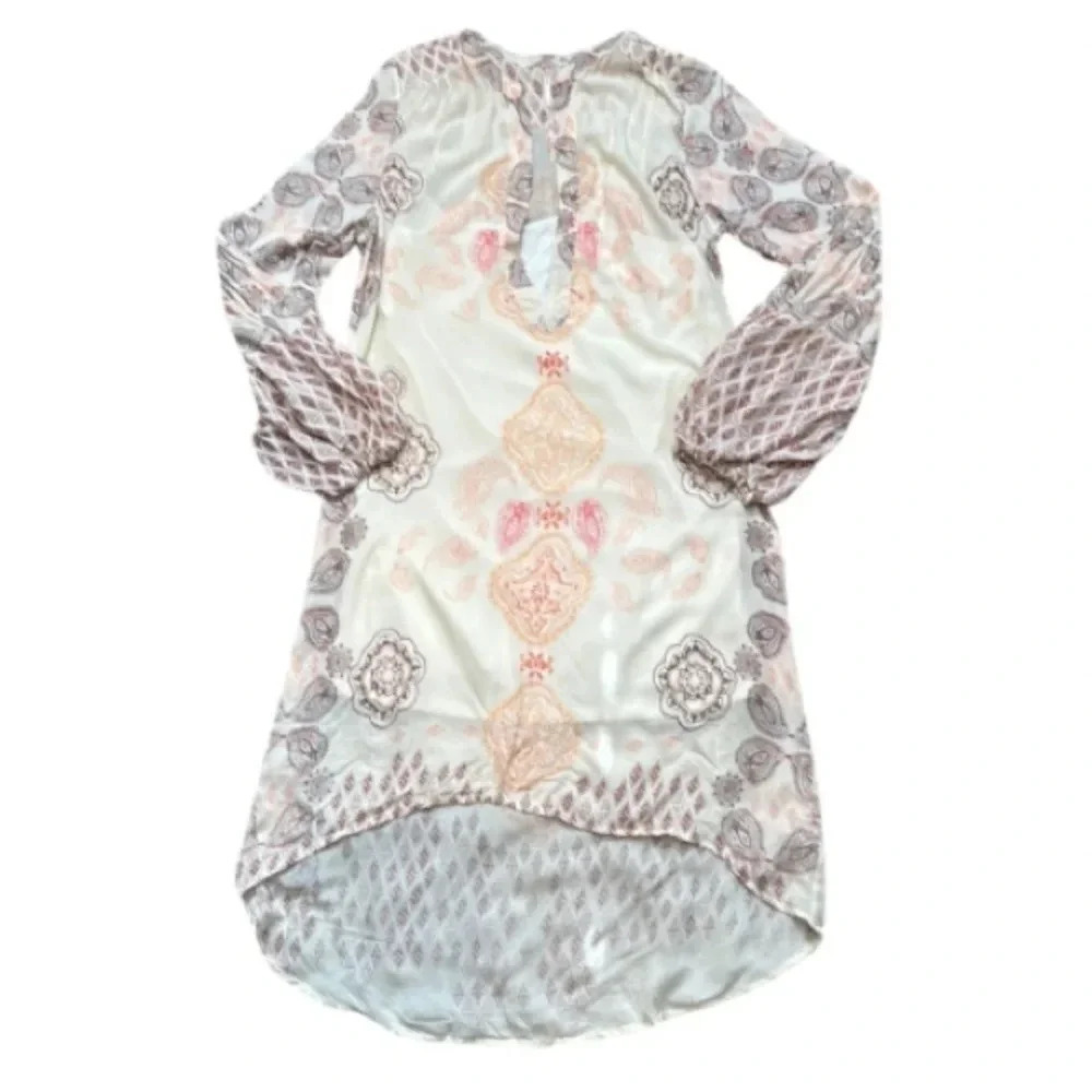 Free People Boho Cottagecore Asymmetrical Cream Paisley Dress‎ Slip/Overlay SzL